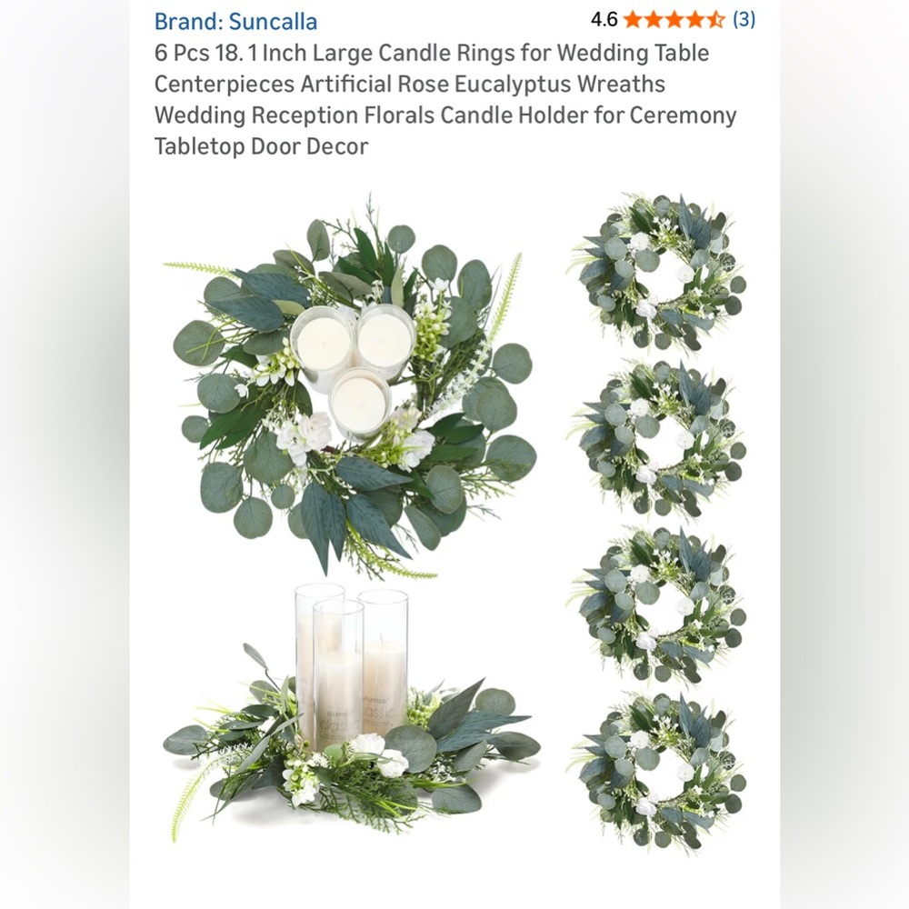 NIB Suncalla 6 Pcs Lrg Candle Rings Rose Eucalyptus Wreaths Wedding Centerpieces